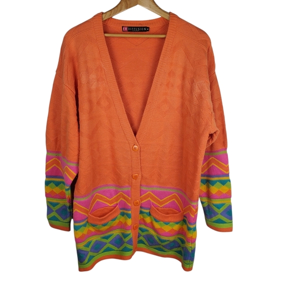 I.B. Diffusion Sweaters - 80s Vintage "Diffusion" Orange Knitted Cardigan Sweater. Med. #238